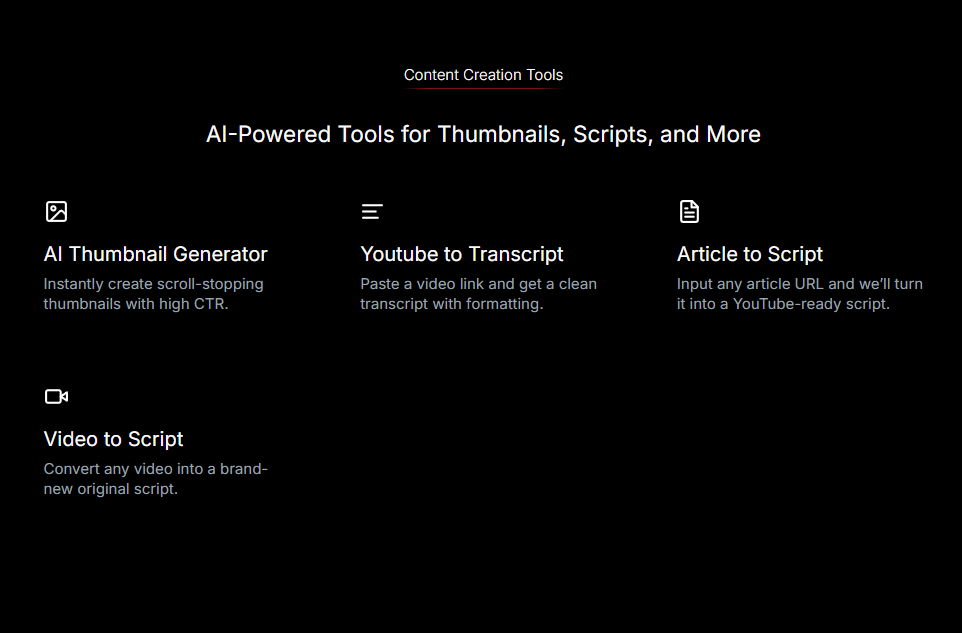 TubeMagic content creation tools including AI thumbnail generator and transcript utilities
